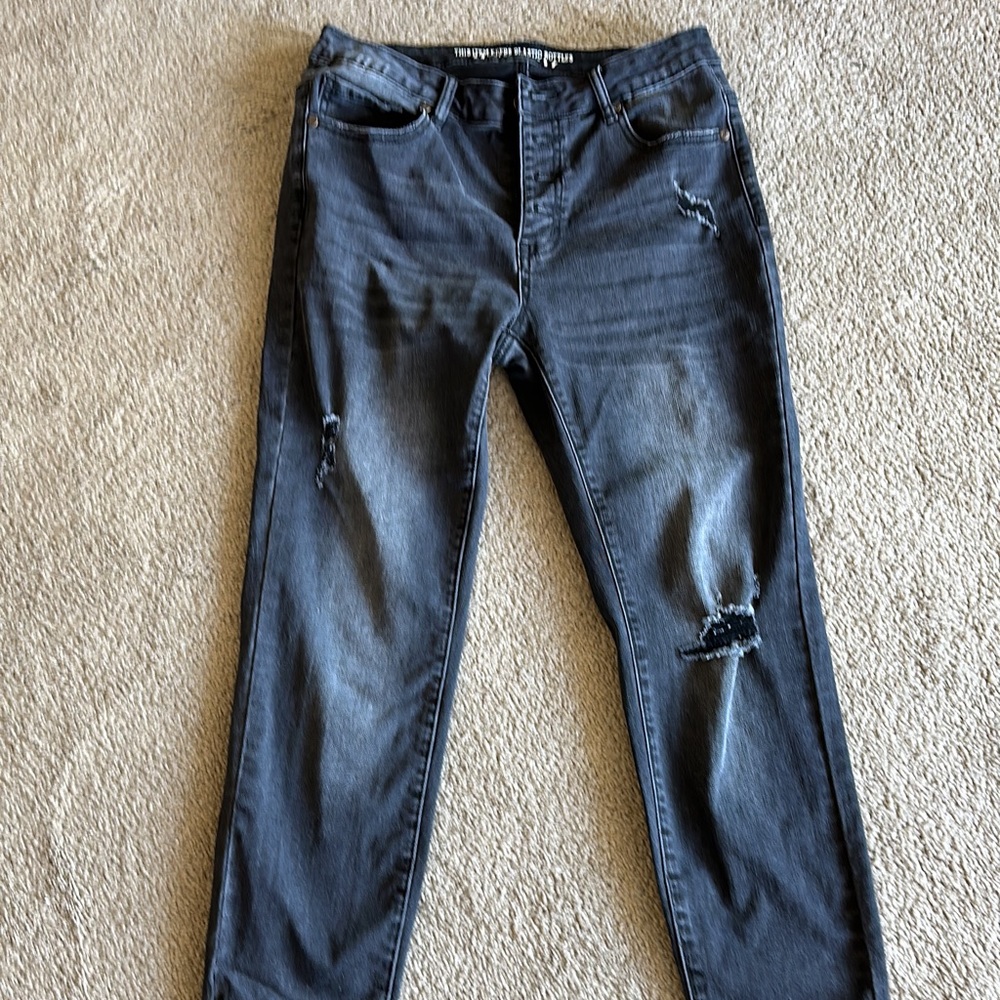 Grace and Lace repurposed jeans.  Slate black. Light distressing.  size 8
